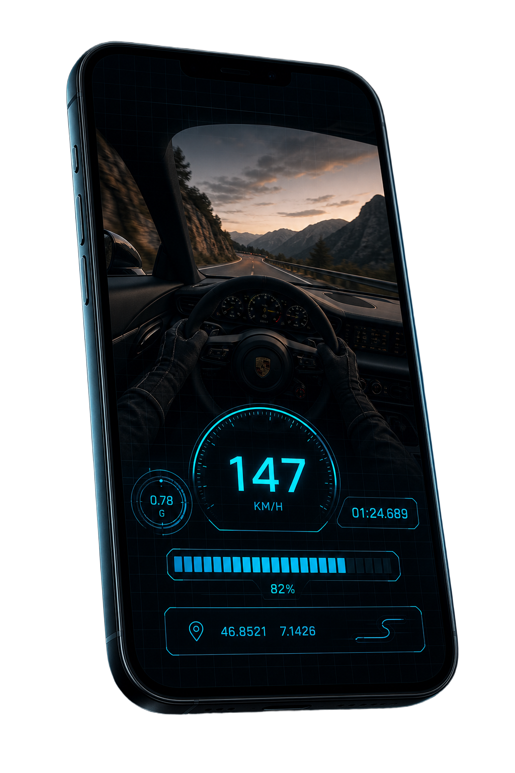VelocityCam app showing live telemetry HUD on a driving video
